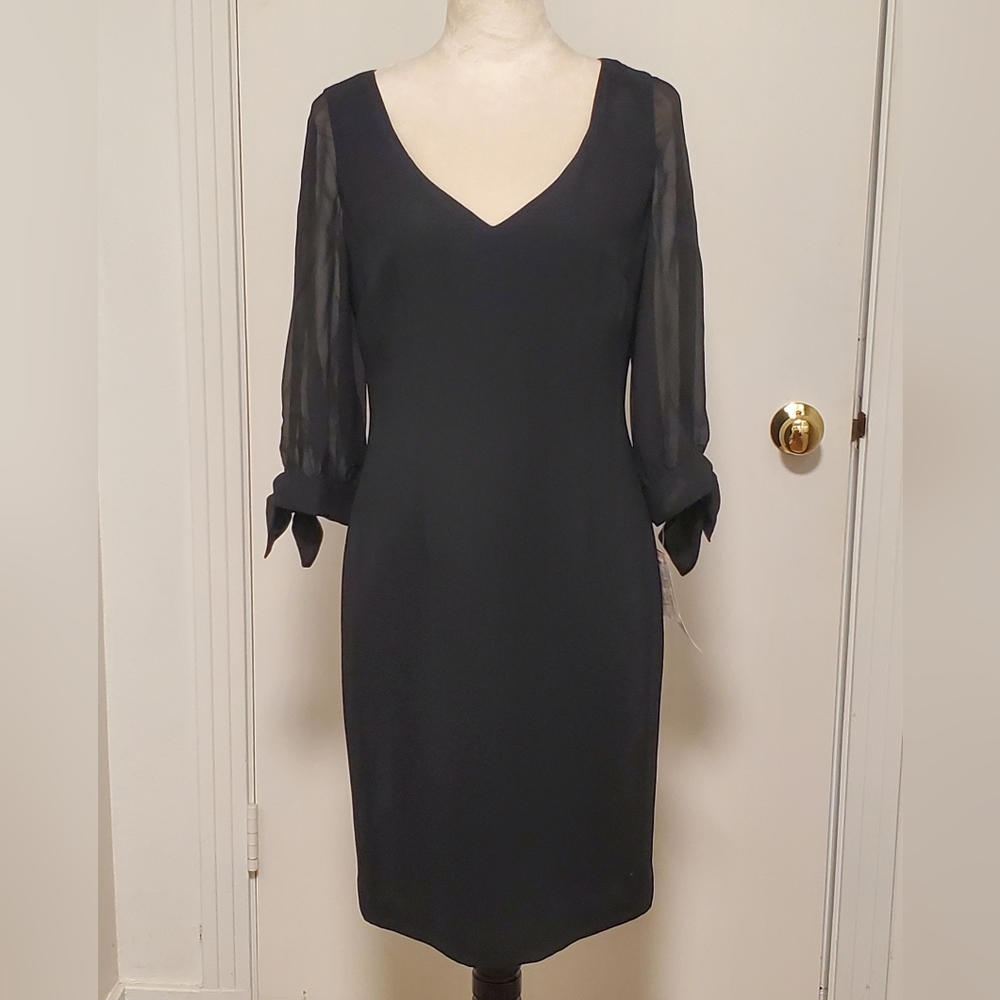 New Maggy London Petites Sheer Peekaboo Sleeves & Bows Black Dress Sz. 10